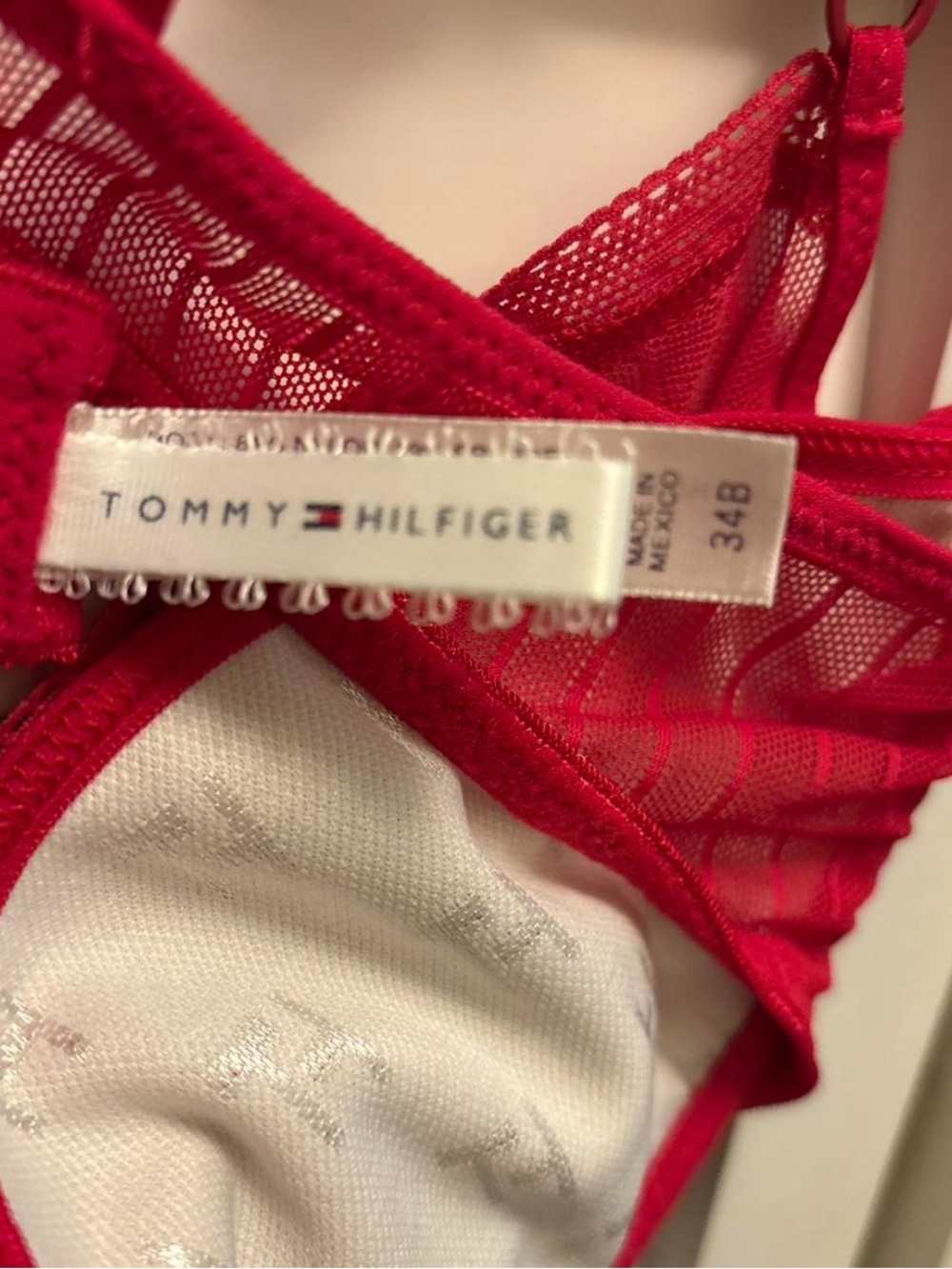 Tommy Hilfiger Bra 34B Red Sheer Mesh Unlined Underwire Balconette Logo Lingerie - Picture 5 of 7